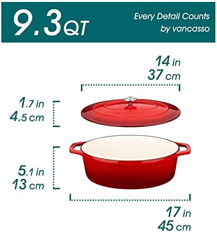 vancasso 9.3 Qt Oval Enameled Cast Iron Dutch Oven with Lid, Red - Image 2