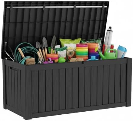 PatioZen 150 Gallon Outdoor Deck Box,Waterproof Resin Outdoor Storage Boxes, Outside Storage Lockable Container for Garden Tools,Indooor Cushions,Accessories (Black) by OutdoorLivingPerfected
