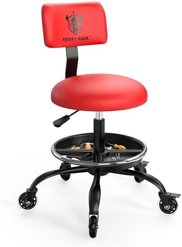 Rolling Shop Stool with Wheels, Garage Mechanic Stool Chair with Backrest, Height Adjustable Heavy Duty Swivel Task Chair, Adjustable Footrest with Storage Tray for Garage Kitchen Salon Tattoo (Red) by FREEKYROCK