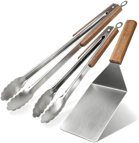 Tongs and Spatula Set of 3, Heavy Duty Stainless Steel, Wood Handle by EsieHouzie