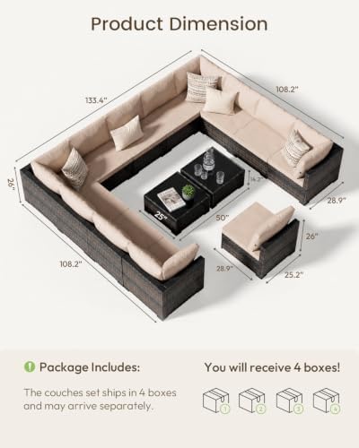 Patio Furniture Set - All-Weather - 14 Piece Patio Outdoor Conversation Set, Modular Wicker Rattan Sectional Sofa for Backyard, Garden, Poolside, Balcony, Porch, Patio, Brown/Khaki - Image 6