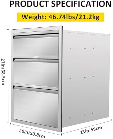 Outdoor Kitchen Drawers Triple BBQ Drawers 20" W x 27" H x 23" D Flush Mount Stainless Steel Drawer with Hidden Handle for Outdoor Kitchen - Image 2