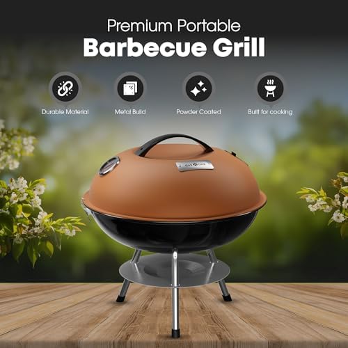 GasOne 14-inch Portable Charcoal Barbecue Grill with Thermometer Lux Brown - Image 2