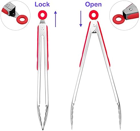 304 Stainless Steel Kitchen Cooking Tongs, 12 & 14 Inch, Set of 2, Red - Image 3