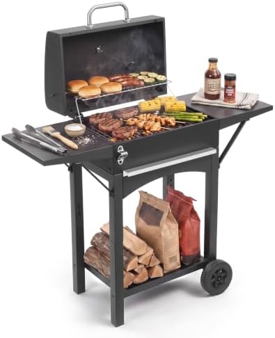 ROVSUN Charcoal Grill with 2 Side Tables, Thermometer and Chimney, Movable Smoker Grill for BBQ, Outdoor Cooking, Camping, Patio Parties by ROVSUN