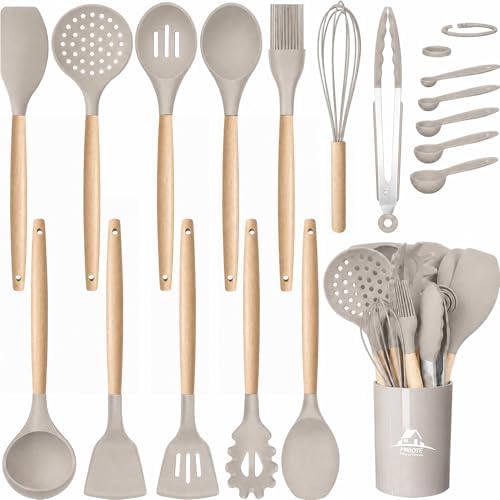 MIBOTE Silicone Cooking Kitchen Utensils Set, Wooden Handle, Khaki by MIBOTE