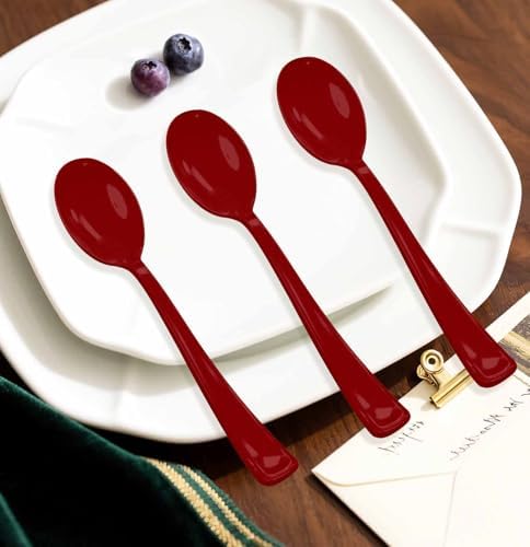 SietDESEO 25 PCS Burgundy Plastic Spoons Disposable Utensils Heavy Duty Burgundy Spoons Disposable Cutlery for Birthday Wedding Baby Shower Bridal Shower Plastic Silverware - Image 2