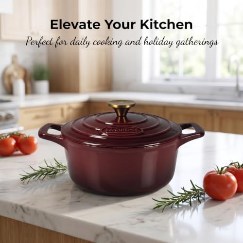 La Cuisine Enameled Cast Iron Dutch Oven Casserole Pot with Golden handle for Lid, Internal Matte Black Enamel Coating, 5 QT 10.5" / 26cm Ø, Oven-Safe 550°F/276°C, Cranberry - Image 5