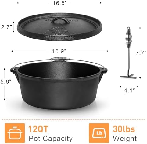Camping Dutch Oven,12 Qt Pre-Seasoned Cast Iron Camp Dutch Oven Pot with Lid - Lid Lifter, Cast Iron Dutch Oven with Metal Handle for Cooking BBQ Baking Campfire Modern Black - Image 2