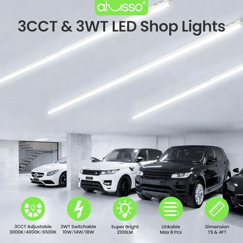 ALUSSO 10 Pack 4FT LED T5 Shop Lights – Linkable Integrated Fixture, 2100LM, 3‑Color Selectable, 3000K/4000K/6500K Adjustable Color Temperature, Corded Electric T5 Single Fixture for Garage/Workshop - Image 2