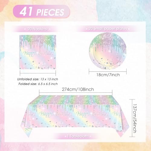 41Pcs Pastel Birthday Decorations Pastel Rainbow Tableware Set Disposable Paper Plates,Napkins,Tablecloth丨Rainbow Birthday Decorations for Girls,Baby Shower,Bridal Wedding Party Supplies,Serve 20 - Image 2