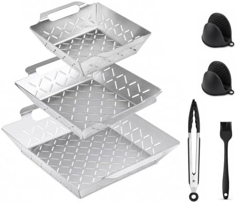 3 PSC Grill Baskets for Outdoor Grill, Stainless Steel Vegetable Basket Set by UEAKPIC