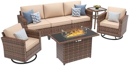 UDPATIO Patio Furniture Set with Fire Pit Table and Swivel Rocking Chairs, 5 Pieces Outdoor Wicker Furniture Set with Waterproof Cover, 4'' Thickened Cushion, Khaki - Image 2