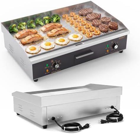 ROVSUN 30" Electric Griddle, Electric Countertop with Half Flat Top Griddle, 3000W Grill Stainless Steel with Adjustable Temperature Control 122°F-572°F for Commercial Home Restaurant, Plug by ROVSUN