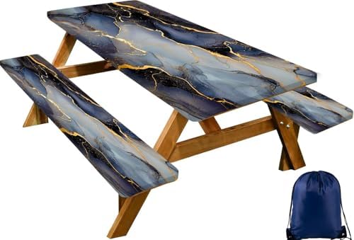 CAPSCEOLL Picnic Table Cover with Bench Covers 5ft - Black Blue Marble by CAPSCEOLL