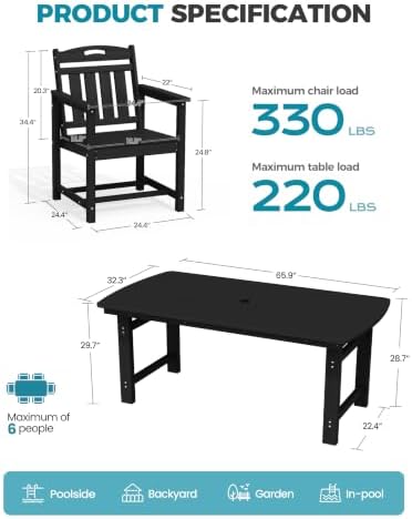 Ciokea HDPE Outdoor Dining Set of 4, Patio Table and Chairs Sets, Black - Image 2