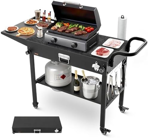 VEVOR Outdoor Grill Cart, 31.0 x 17.0 inch Tabletop Size Grilling Table, Foldable Outdoor Cooking Table with Tissue Holder, Hooks, Wheels, Side Table, BBQ Prep Tables for Picnic, Kitchen, Courtyard by VEVOR