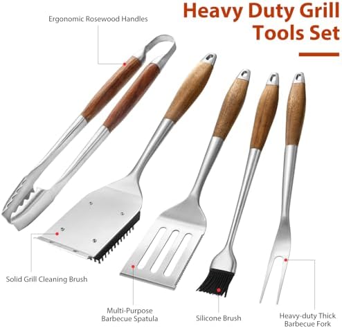 4 pcs Heavy-Duty Rose Wooden BBQ Grilling Tools Set, Extra Thick Stainless Steel Multi-Functional Spatula, Fork, Tong, Cleaning Brush - an Excellent Barbecue Gift for Men - Image 4