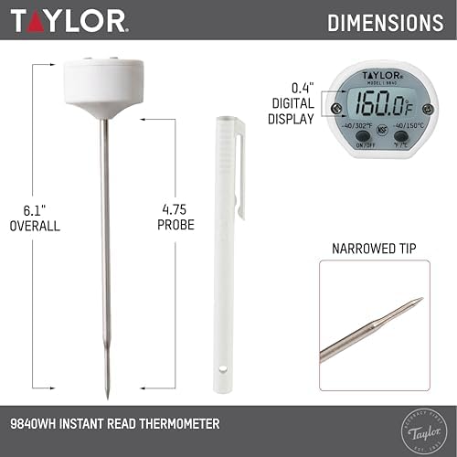 Taylor Instant Read Digital Meat Thermometer for Grill, BBQ & Kitchen, NSF Approved, Fast Internal Temperature Readings, F/C Switchable Display, Battery Included, Pocket Sleeve Clip, White - Image 3