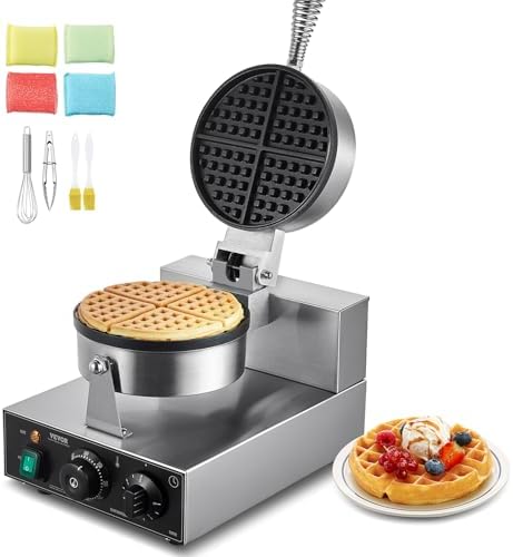 VEVOR Commercial Waffle Maker, 1230W Round Waffle Baker Machine, Non-Stick Stainless Steel Belgian Waffle Iron with Temperature and Time Control, Handle, for Restaurant Bakery Snack Bar Family by VEVOR
