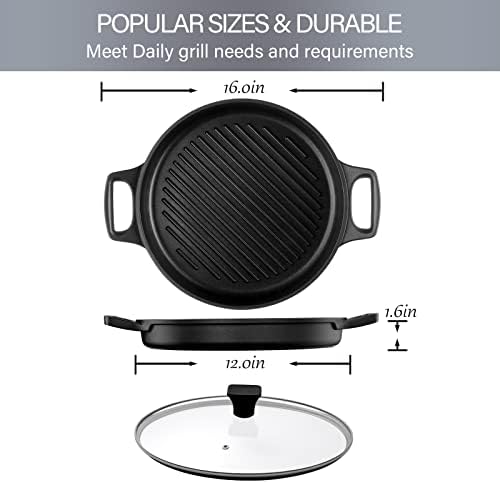 S·KITCHN Cast Aluminum Griddle Pan for Stovetop with Lid - Lighter than Cast Iron Skillet,Round Frying Pans Nonstick Grill Pan Dishwasher & Oven Safe,12IN - Image 6