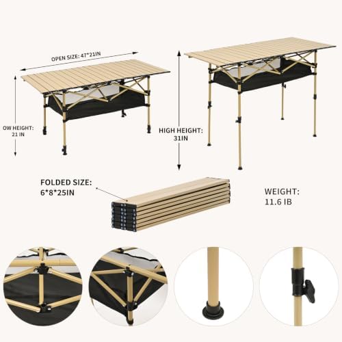 Portable Folding Camping Table, Adjustable Height, Beige, 47 x 21 in - Image 2