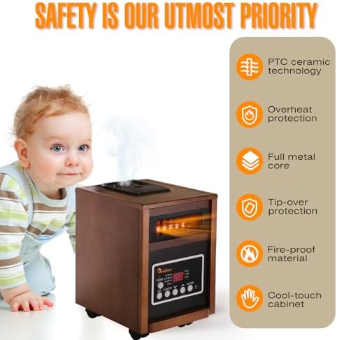 DR. INFRARED HEATER DR-998, 1500W Dual Heating Infrared Space Heater with Humidifier, Oscillation, Remote Control, Thermostat & Safety Protection, Portable with Wheels, Energy Efficient, Walnut - Image 6