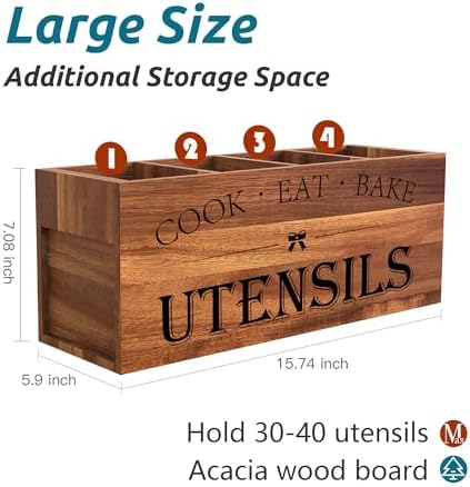 Suli Extra Large Utensil Holder Countertop for Kitchen Counter,Acacia Wood - Image 2