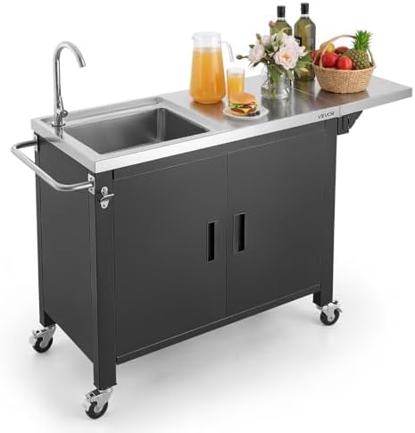 VEVOR Outdoor Grill Cart with Sink and Storage Cabinet, 52 Inch Grill Table, Waterproof Kitchen Island with Stainless Steel Top, Spice Rack, Wheel, Movable Food Prep Station for Patio Bar Backyard BBQ by VEVOR