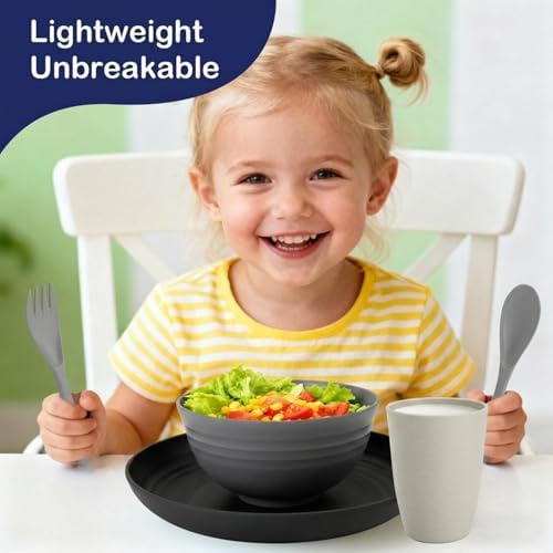 20 PCS Wheat Straw Plates and Bowls Sets,Kids Dishes Dinnerware Sets for 4,Unbreakable Kitchen Plates and Bowls Set for Travel Dishwasher & Microwave Safe Lightweight Dishes Set - BlackGrey - Image 4