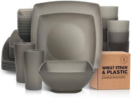 Teivio 32-piece Plastic Wheat Straw Square Dinnerware Set for 8, Unbreakable Dinner Plates, Salad Plates, Snack Bowls, Tumblers 13.5 oz, Dishwasher Safe, Clear Black by Teivio