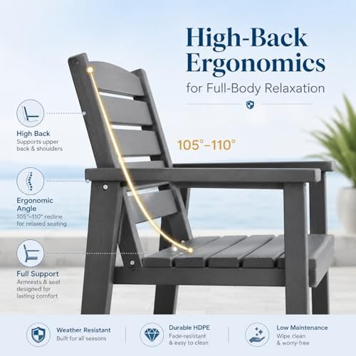 Patio Dining Chairs Set of 2, All-Weather HDPE Outdoor Dining Chair with High Back, Stackable Heavy Duty 400 lbs Lawn Armchair for Backyard Deck Porch Table, Gray - Image 5