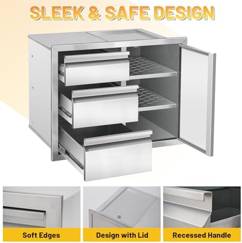 Outdoor Kitchen Drawer Combo Cabinet Stainless Steel Triple Drawers & Access Door, 28" W x 22" H x 19.5" D, Multi-Layer Design with Partition, Perfect for BBQ Grill Station - Image 3