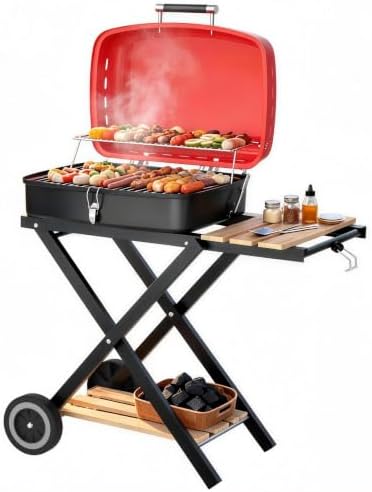 TEENO Charcoal Grill with Wheels | Folding BBQ Grill with Wooden Side Table & Bottom Storage Shelf | 2-in-1 Detachable Tabletop Smoker for Camping Picnic Patio Backyard | Portable Suitcase by TEENO