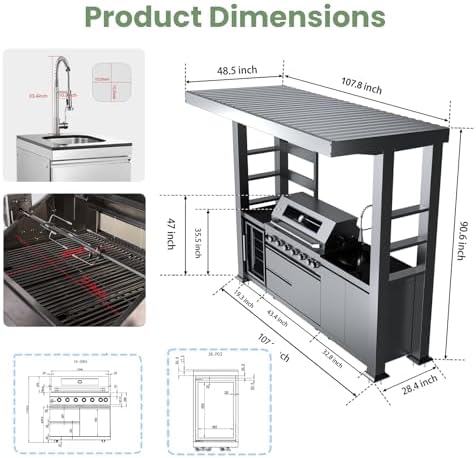 108" Outdoor Kitchen Island Crafted from Stainless Steel,6-Burner 85,000 BTU Propane Grill,Rotisserie Oven,Galvanized Steel Roof,Granite Countertops,Refrigerator,Storage Cabinets,Sink.(Propane Gas) - Image 2