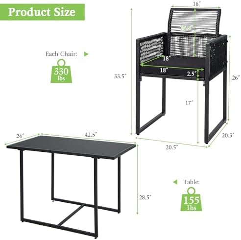 Tangkula 3 Pieces Outdoor Dining Set, PE Rattan Patio Furniture Set with Folding Backrest, Cozy Seat Cushions, Tempered Glass Tabletop, Space-Saving Bistro Table and Chairs Set of 2 for Backyard Pool - Image 6