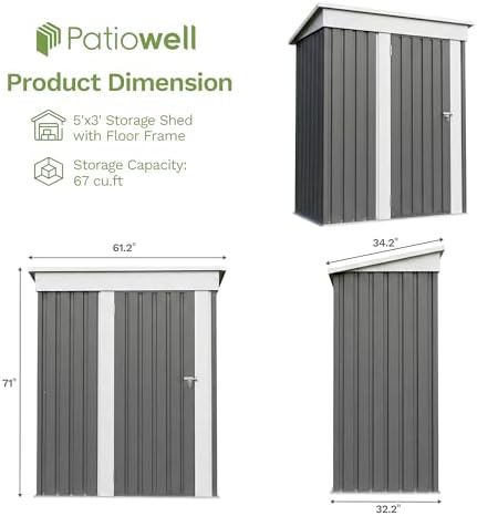 Patiowell 5x3 FT Outdoor Storage Shed with Floor Frame, Small Metal Sheds - Image 2
