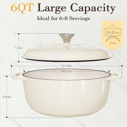 Umite Chef 6QT Enameled Cast Iron Dutch Oven with Lid, Versatile Heavy-Duty Cookware Pot for Baking Bread, Braising, Soups & Stews, Oven & Stovetop Safe with Heat Resistant Gloves（Cream White） - Image 3