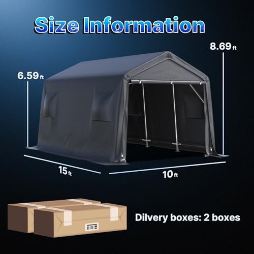 ADVANCE OUTDOOR 10X15 ft Garage Shelter Steel Metal Peak Roof Portable Storage Shed Carport for Motorcycle Boat, or Garden Tools with 2 Roll up Doors & Vents, Gray - Image 5