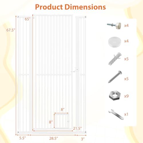 Giantex 67.5'' Extra Tall Pet Gate for Large Dogs & Cats, Adjustable 30.5''–41'' Wide Dog Gate with Small Pet Door, Extension Kits, Pressure or Hardware Mount, Jump-Proof Indoor Barrier, White - Image 6