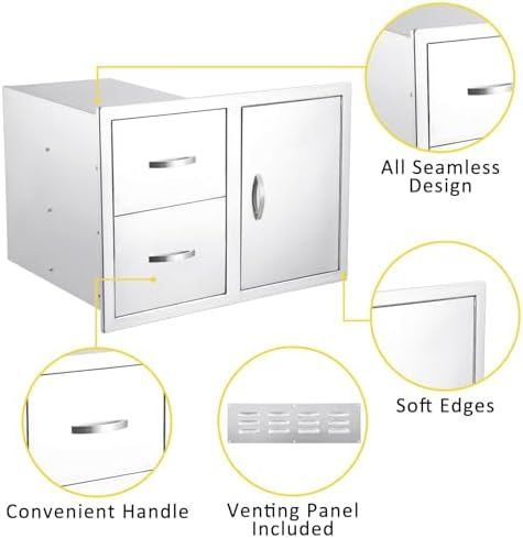 IDEALHOUSE Outdoor Kitchen Drawer 33''W x 22''H x 22''D, BBQ Access Door Drawers Combo with Paper Towel Rack, Stainless Steel Outdoor Kitchen Cabinets for BBQ Island Grill Station Storage Cabinet - Image 6
