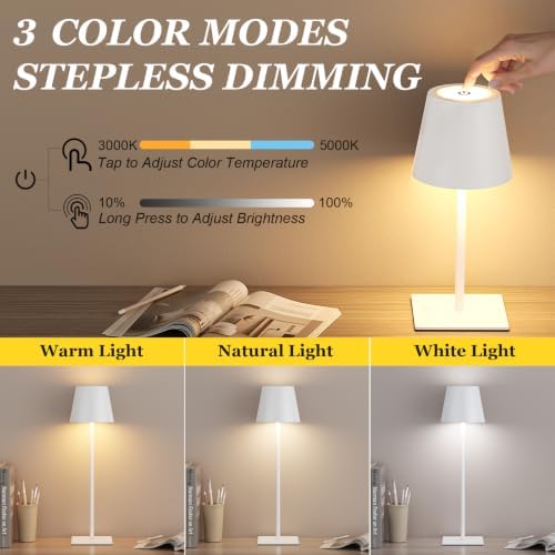 Kakanuo White Gold Cordless Rechargeable Table Lamp 5000mAh Battery Operated Lamps, 3 Colors Stepless Dimming Touch Lamp for Living Room, Kitchen Counter, Dining, Outdoor Patio, 2 Pack - Image 2
