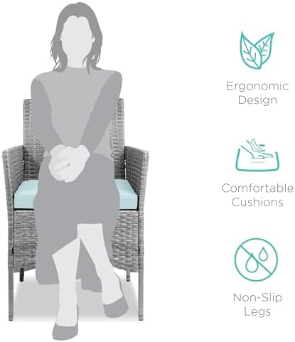 Best Choice Products 3-Piece Outdoor Wicker Conversation Bistro Set, Space Saving Patio Furniture for Garden w/Side Table - Gray/Pastel Blue - Image 2