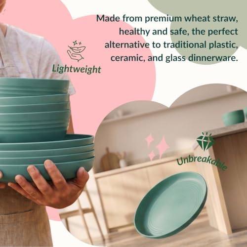 Wheat Straw Dinnerware Sets, Homienly 20pcs Unbreakable Microwave Dishwasher Safe Tableware Lightweight Bowls, Cups, Plates Set Reusable Dinner Plates Bowls set (Green) - Image 5