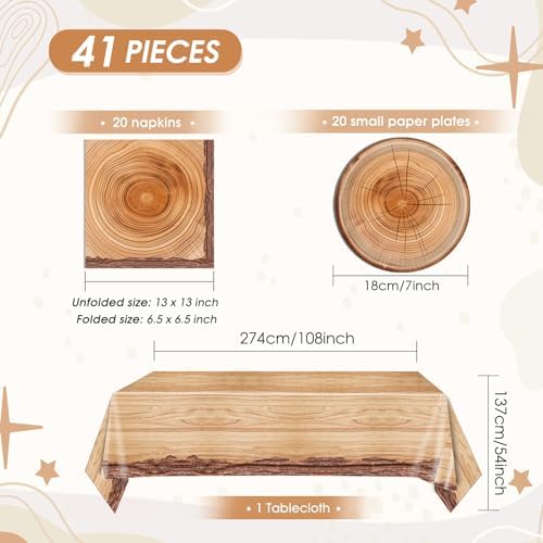 41 Pcs Camping Birthday Party Decorations Rustic Wood Grain Slice Tableware Brown Camo Wood Paper Plates Napkins Tablecloth丨Forest Themed Bonfire Hunting Birthday Lumberjack Party Decor,Serves 20 - Image 2