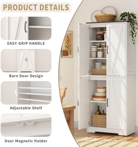 59" H Storage Cabinet, Kitchen Farmhouse Pantry Cabinet with 4 Doors, White - Image 5
