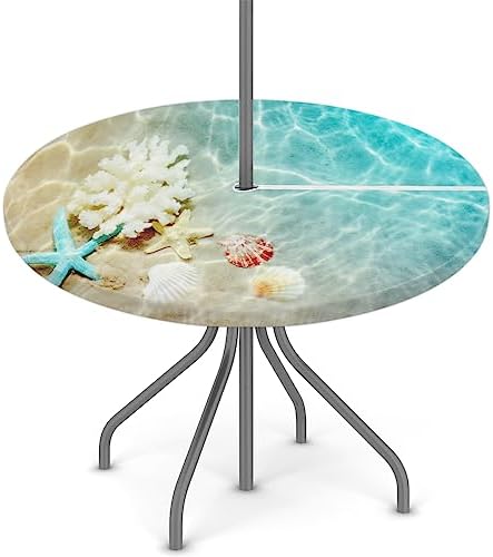 Fitted Round Tablecloth with Umbrella Hole and Zipper Starfish Coral Seashell Outdoor Elastic Table Cloth 36"-44" Oil-Proof Waterproof Summer Beach Patio Table Cover for Picnic Party by GzLeyigouHomeKitchen