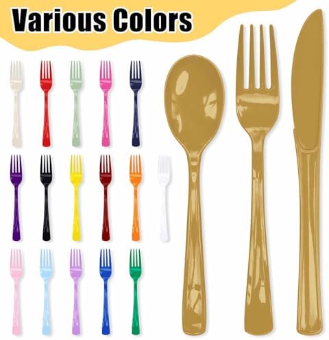 HEIPINIUYE 75 Pack Gold Plastic Cutlery Heavy Duty Gold Plastic Knives Forks and Spoons Disposable Silverware Set for 25 Guest Camping Birthday Baby Shower Party Cutlery Set - Image 5