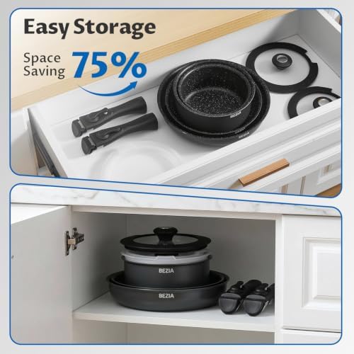 BEZIA Induction Cookware Set 10 Pieces, Nonstick Pots and Pans Set with Removable Handles, for All Hobs, Stackable Design, Dishwasher/Oven Safe, PFAS Free - Image 2