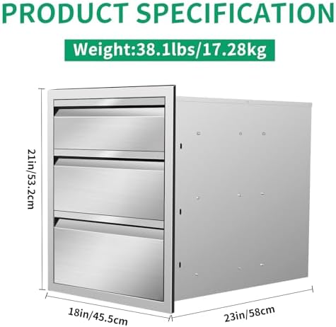 Outdoor Kitchen Drawers 18" W x 21" H x 23" D Stainless Steel Triple Drawers with Hidden Handle for BBQ Island, Patio Grill Station & Outdoor Kitchen Cabinets - Image 2